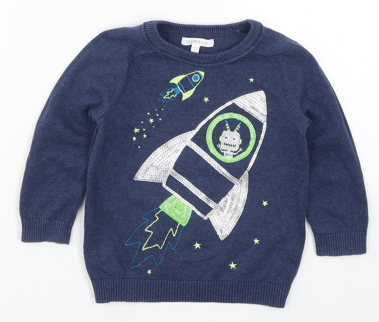 Blue Zoo Boys Blue  Knit Pullover Jumper Size 2-3 Years  - Robot Rocket Ship