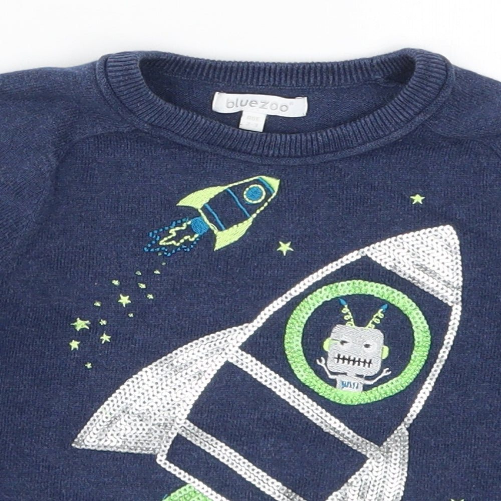 Blue Zoo Boys Blue  Knit Pullover Jumper Size 2-3 Years  - Robot Rocket Ship