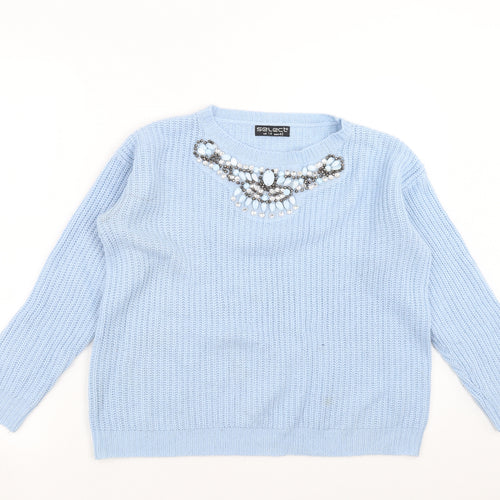 Select Womens Blue  Knit Pullover Jumper Size 14  - beaded neck line