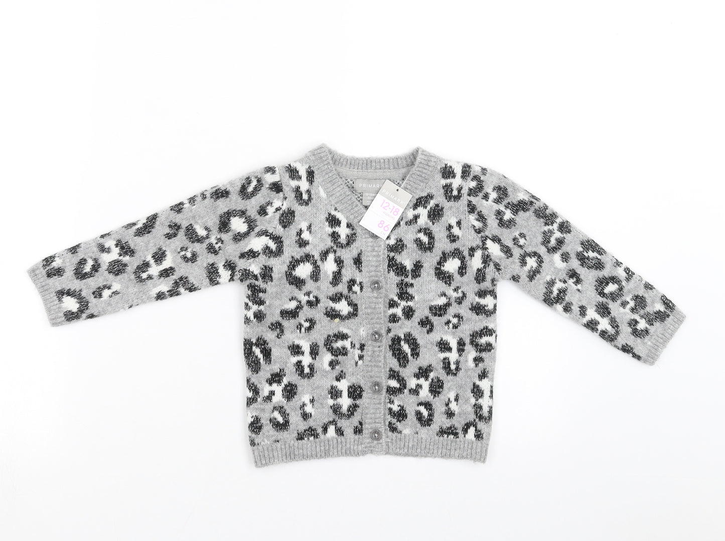 Primark Girls Grey Animal Print Knit Cardigan Jumper Size 12-18 Months