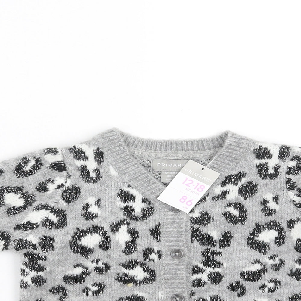 Primark Girls Grey Animal Print Knit Cardigan Jumper Size 12-18 Months