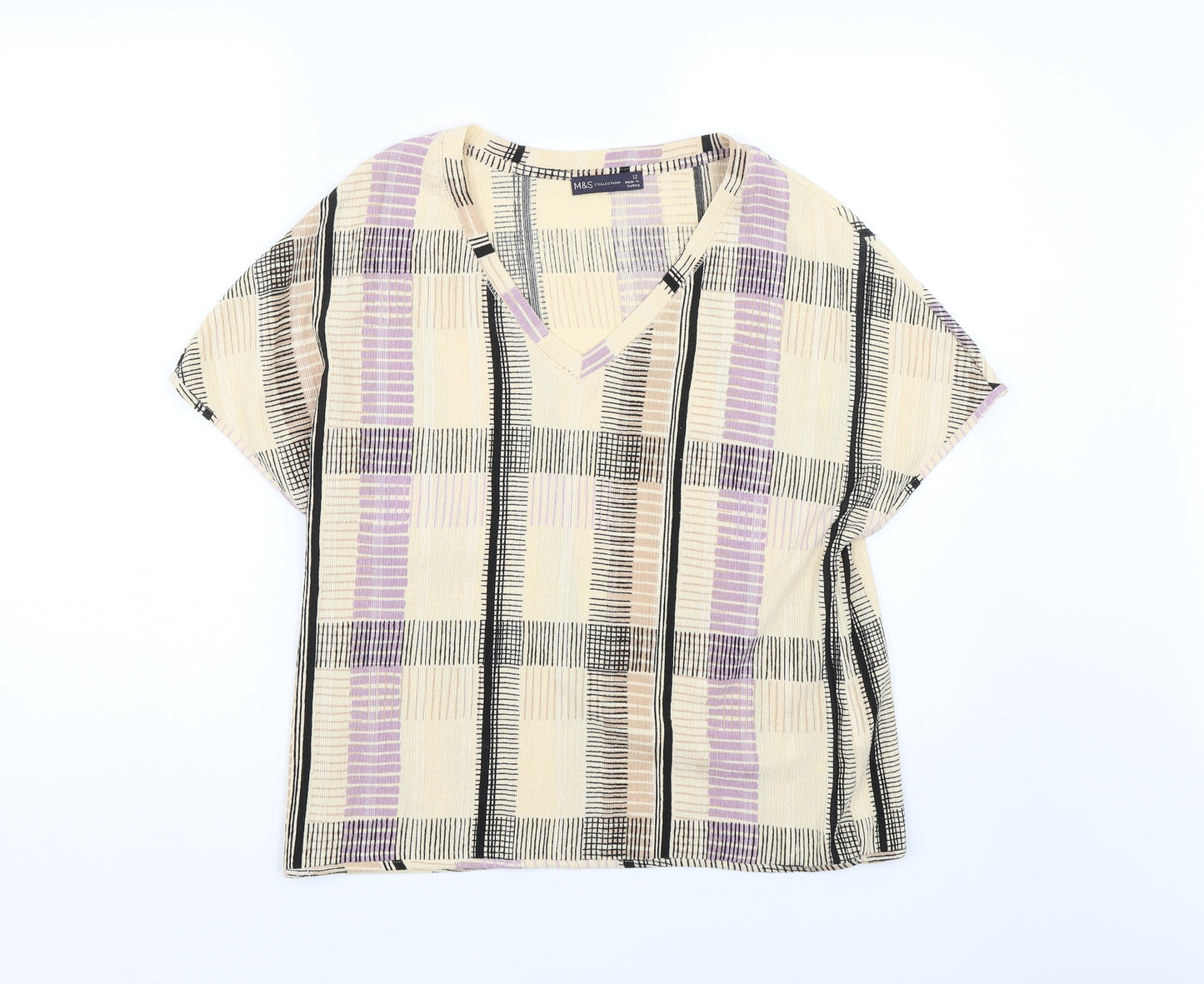 M&S Womens Beige Geometric  Basic T-Shirt Size 12