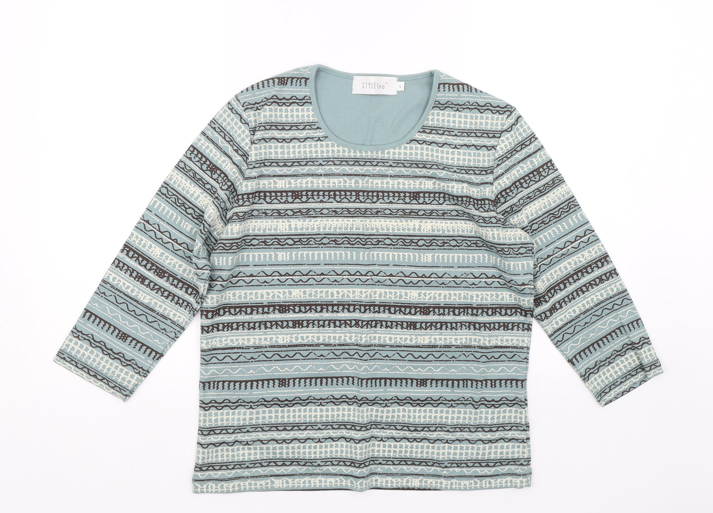 Style inc Womens Green Striped  Basic T-Shirt Size L