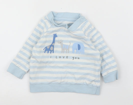 Front view of Mothercare boys’ blue striped jumper, size 0-3, months