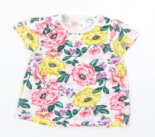 Front view of Nutmeg girls’ multicoloured floral basic t-shirt, size 9-12, months