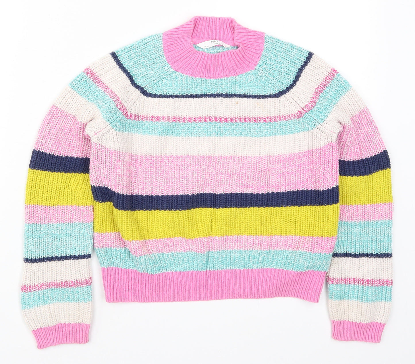 Marks and Spencer Girls Multicoloured Striped Knit Pullover Jumper Size 7-8 Years
