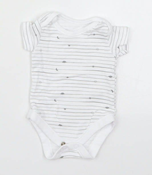 Front view of Nutmeg Baby White Striped Babygrow One-Piece Size Newborn - Stars Moon Clouds