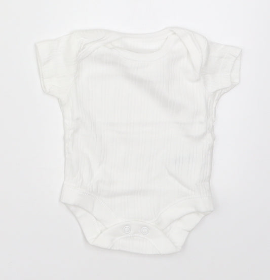 Front view of Nutmeg Baby White Striped Babygrow One-Piece Size Newborn