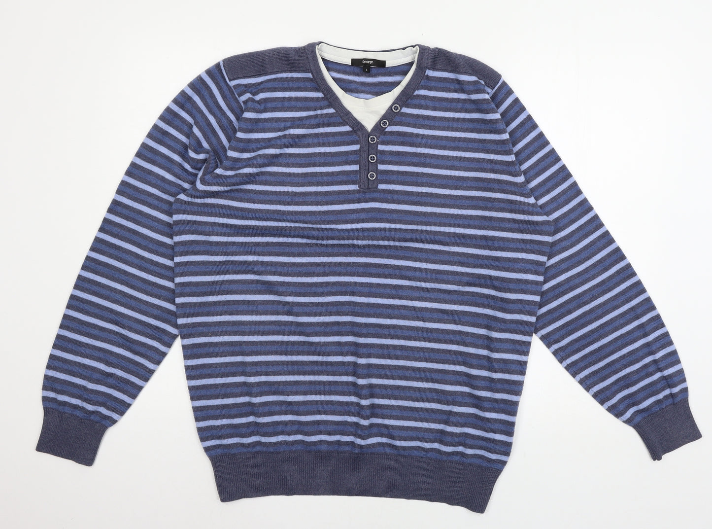 George Mens Blue Striped Knit Pullover Jumper Size L