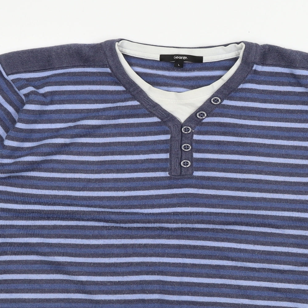 George Mens Blue Striped Knit Pullover Jumper Size L