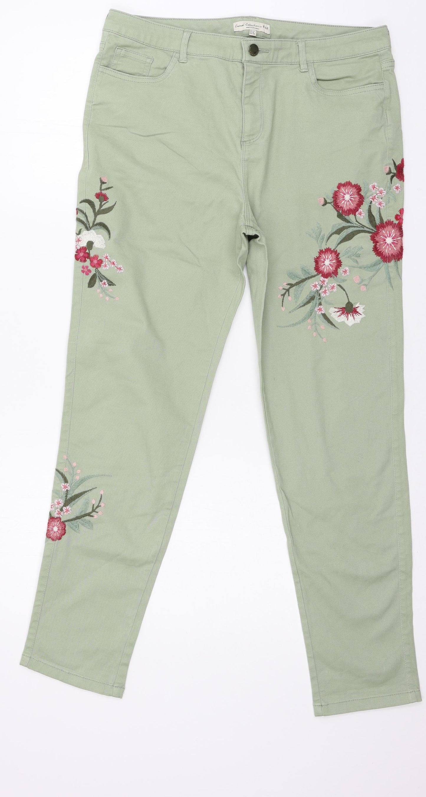 F&F Womens Green Floral Denim Skinny Jeans Size 12 L27 in