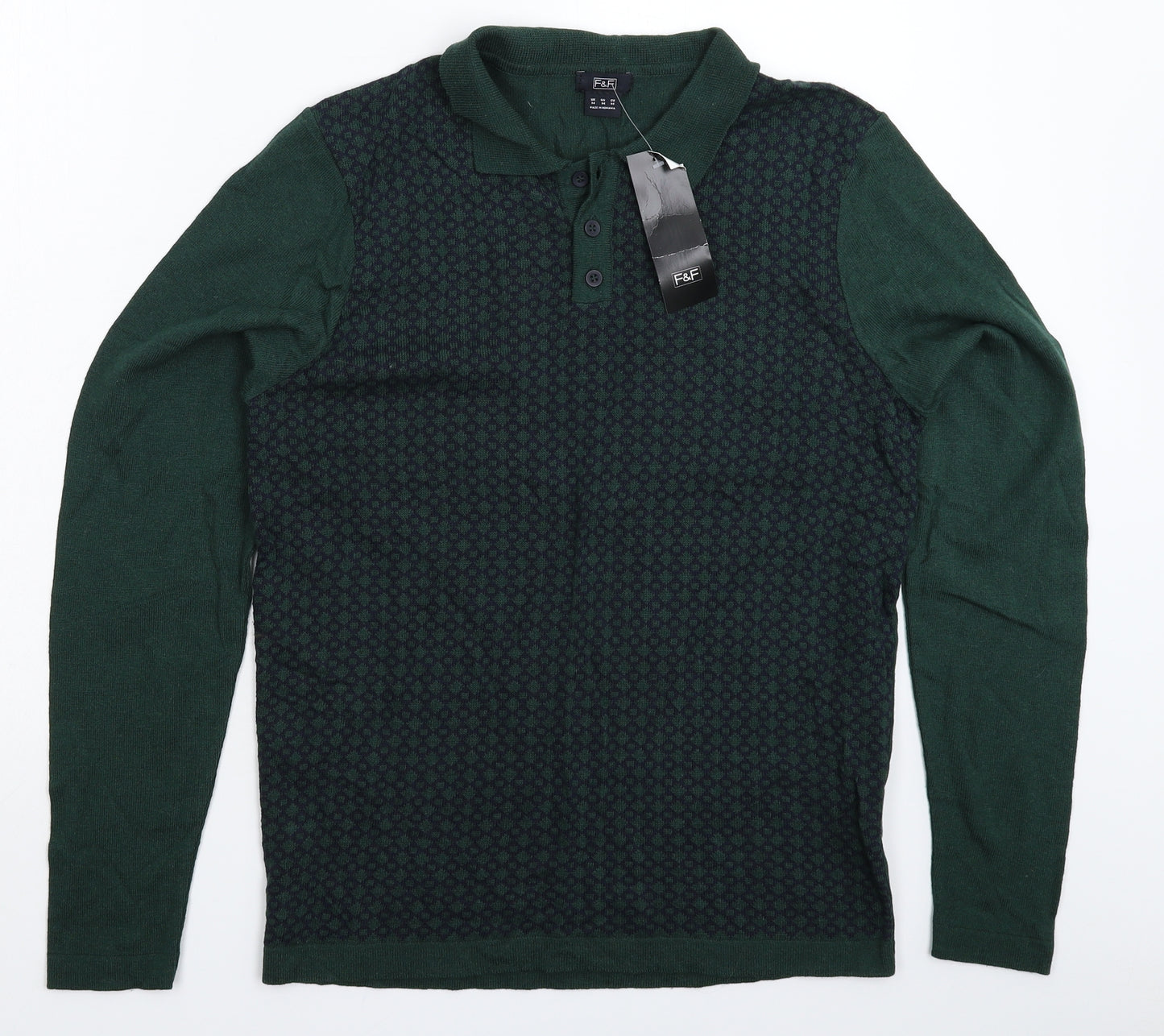F&F Mens Green Geometric Knit Pullover Jumper Size M