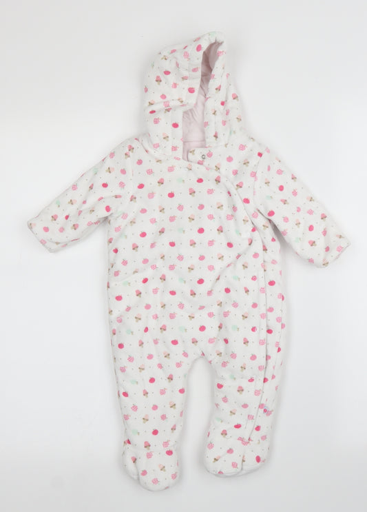 Front view of Mothercare girls’ white babygrow one-piece, size 3-6, months