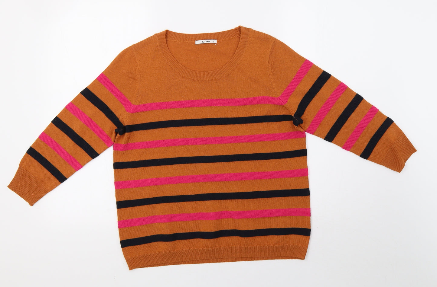 saisnburys Womens Orange Striped Knit Pullover Sweatshirt Size 12
