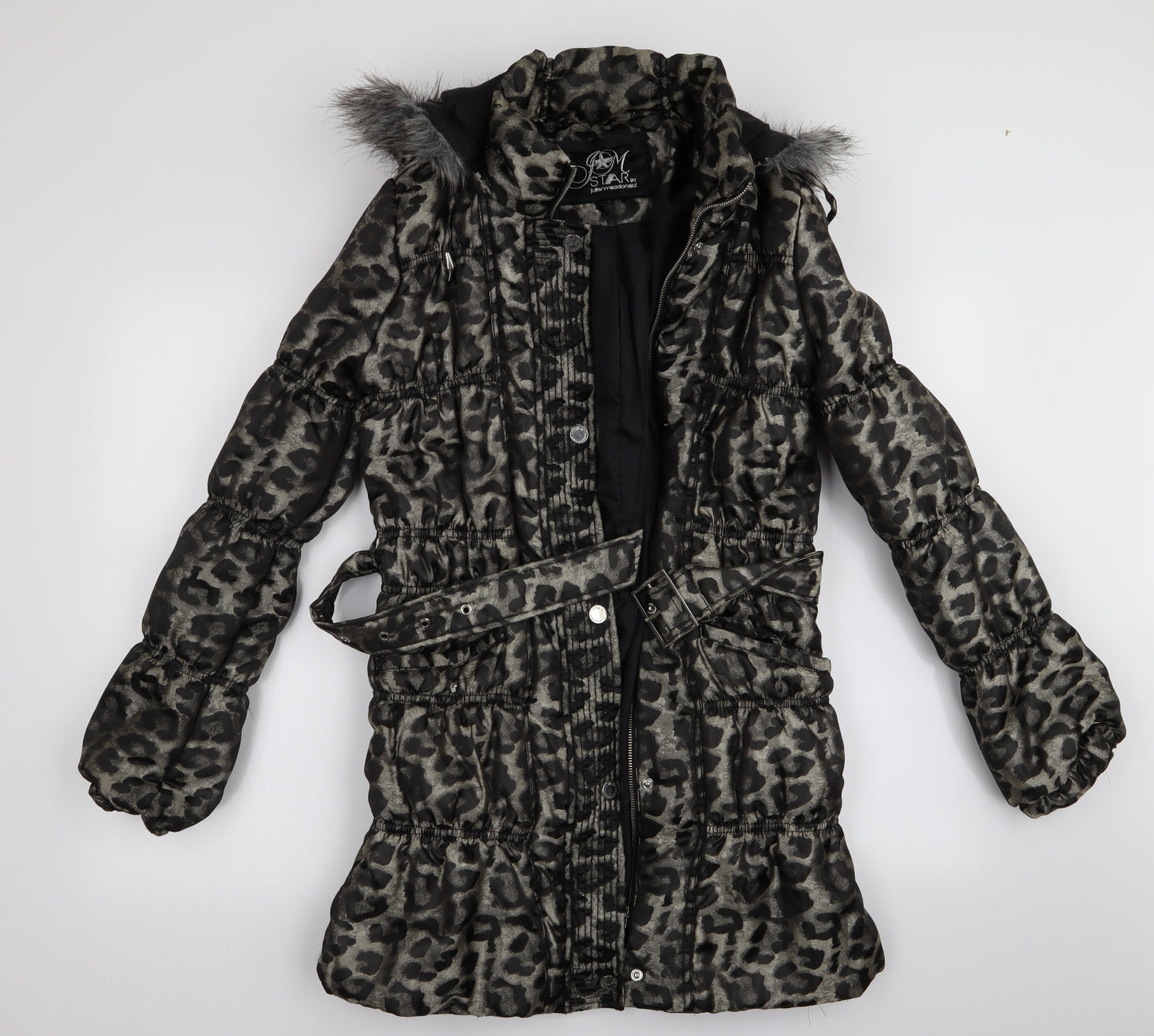 STAR JULIENMACDONALD Womens Black Animal Print  Overcoat Coat Size 14  - Faux Fur Trim