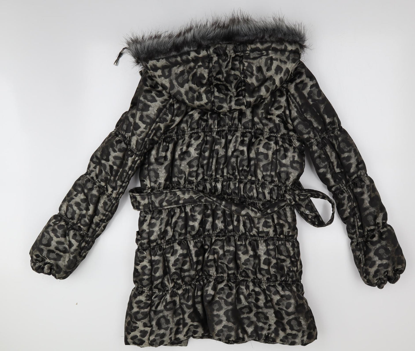 STAR JULIENMACDONALD Womens Black Animal Print  Overcoat Coat Size 14  - Faux Fur Trim