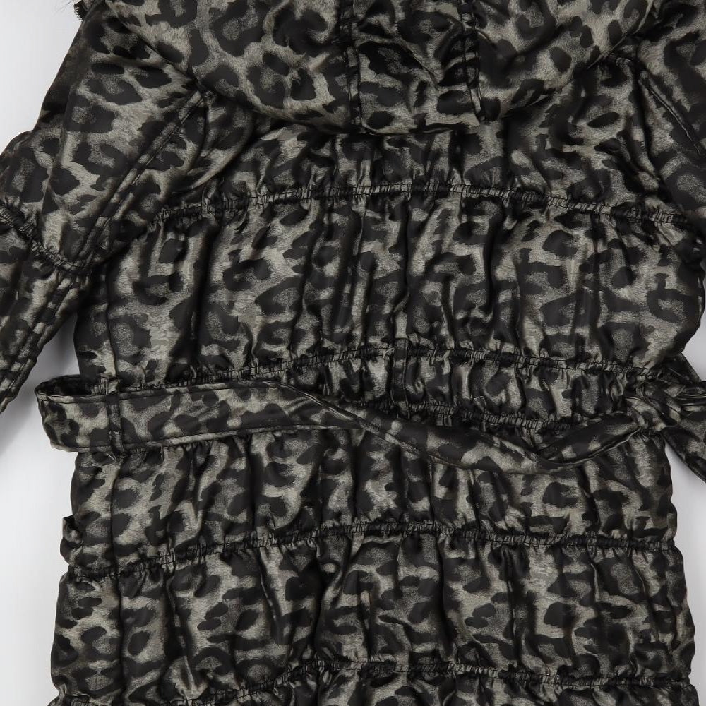 STAR JULIENMACDONALD Womens Black Animal Print  Overcoat Coat Size 14  - Faux Fur Trim