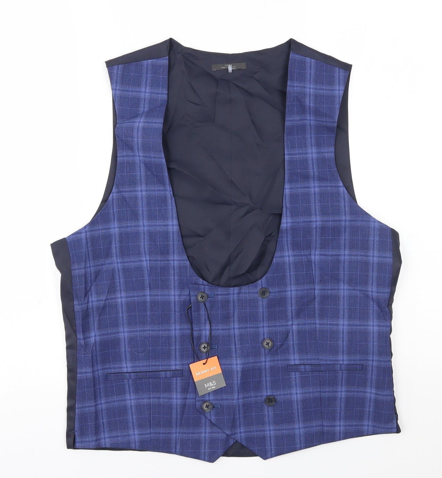 M&S Mens Blue Plaid  Jacket Suit Waistcoat Size L