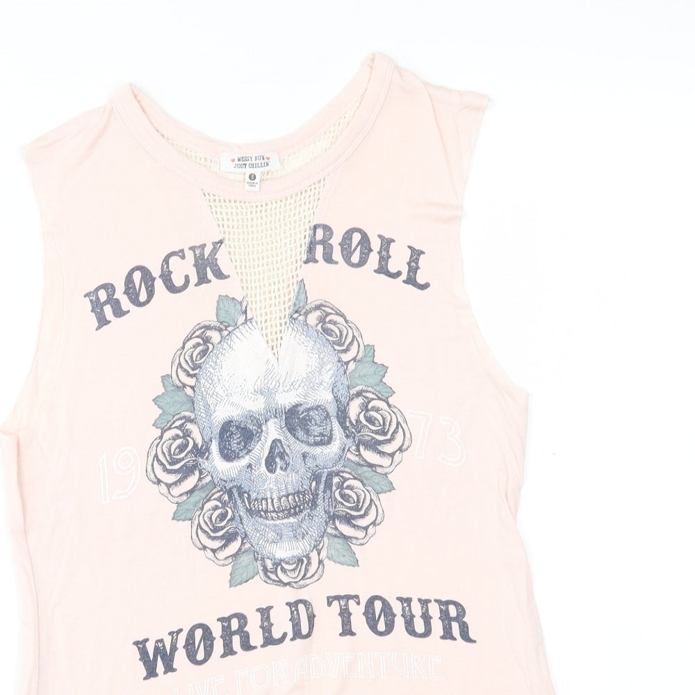messy bun Womens Pink   Basic Tank Size S  - rock n roll world tour