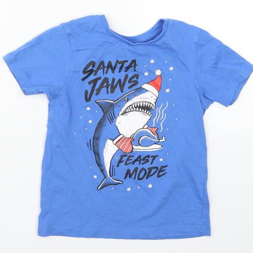 George Boys Blue   Basic T-Shirt Size 6-7 Years  - Santa Jaws Feast Mode