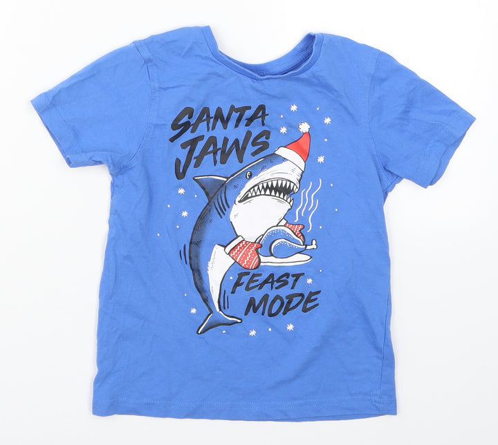 George Boys Blue   Basic T-Shirt Size 6-7 Years  - Santa Jaws Feast Mode