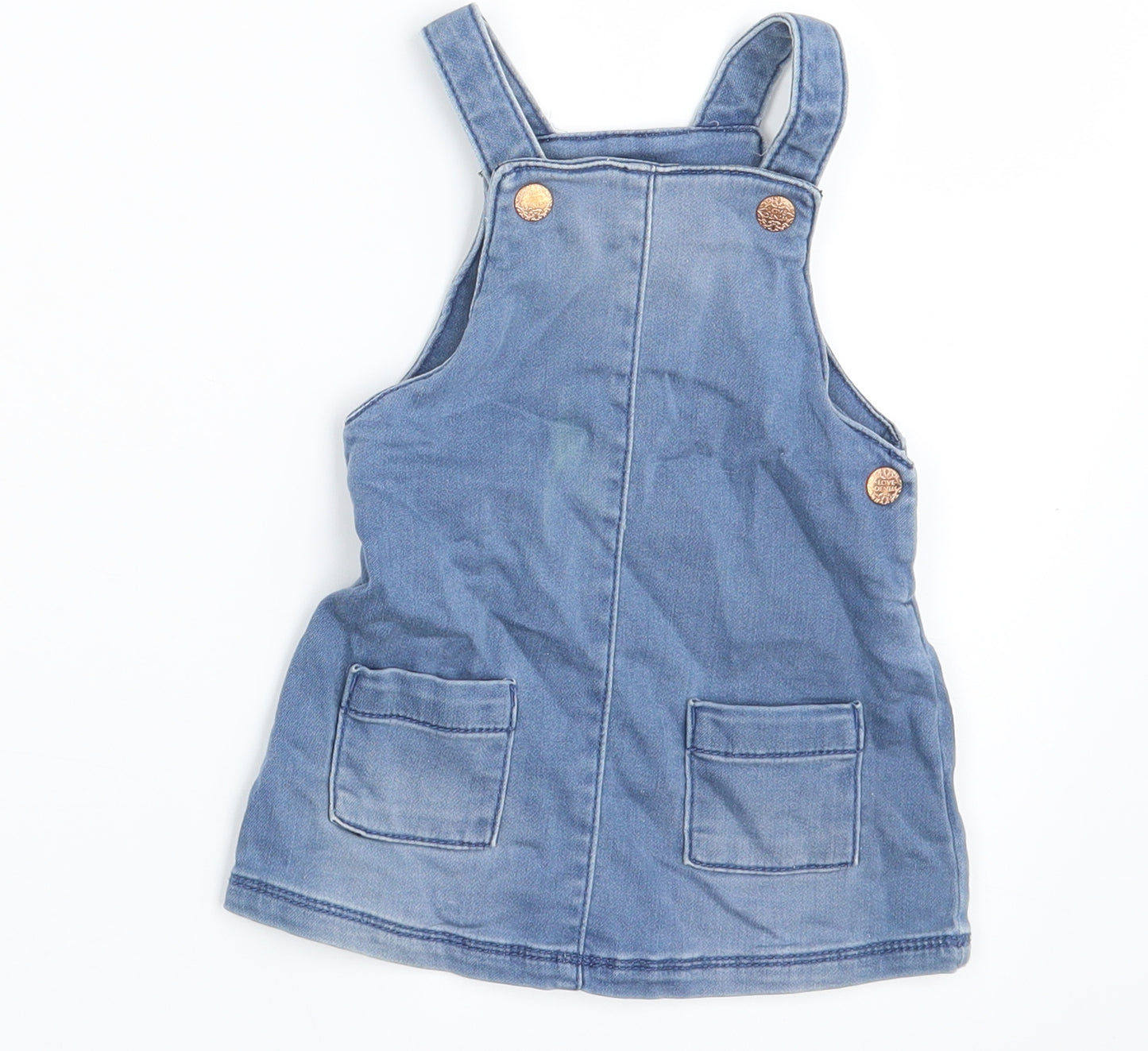F&F Girls Blue  Denim Pinafore/Dungaree Dress  Size 9-12 Months