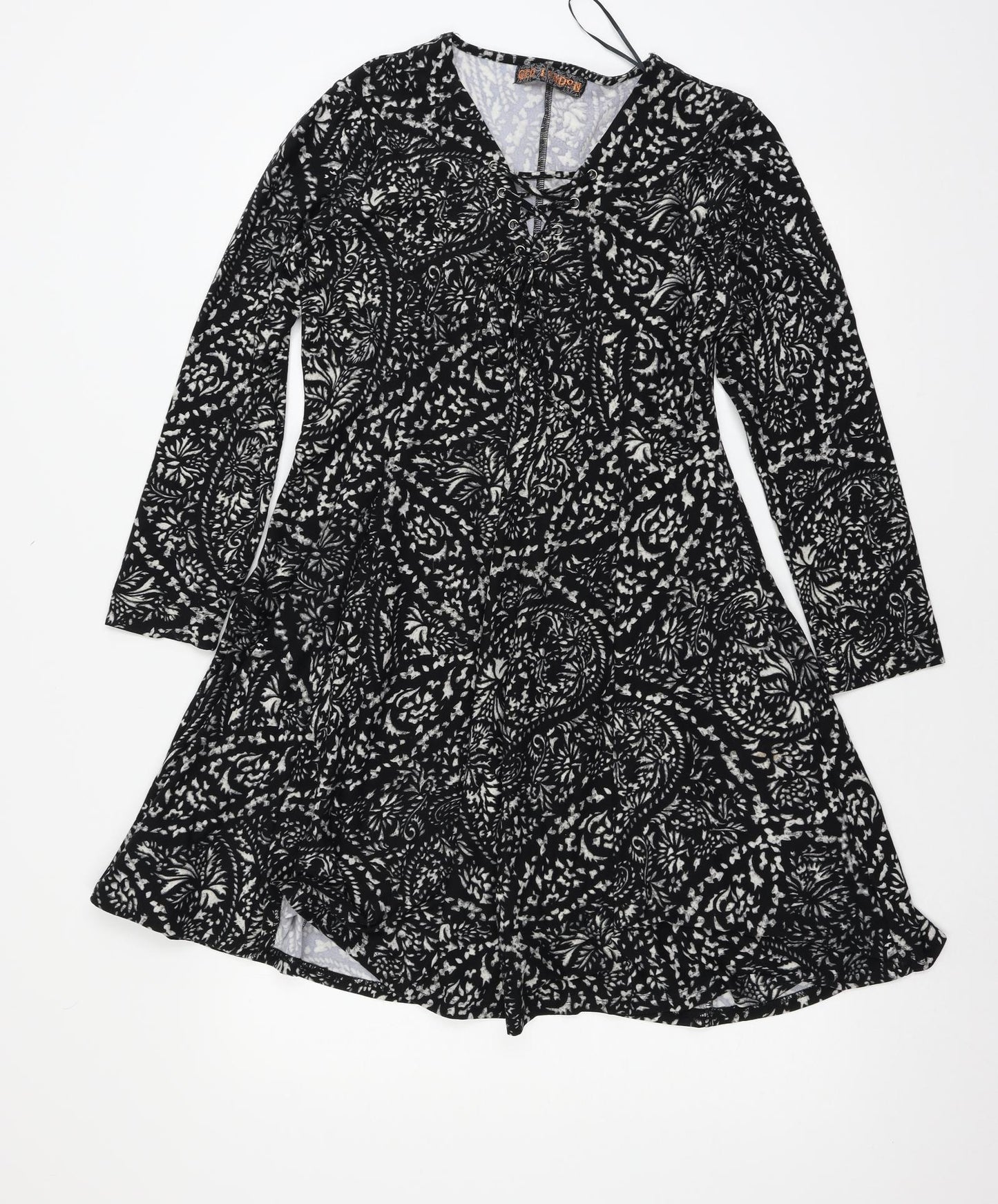 QED London Womens Black Geometric Jersey Skater Dress  Size 14  - Lace up detail