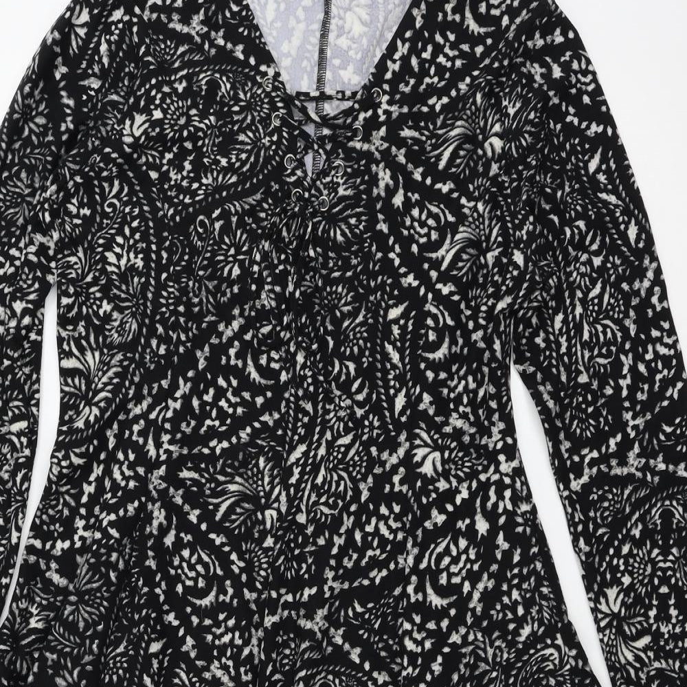 QED London Womens Black Geometric Jersey Skater Dress  Size 14  - Lace up detail