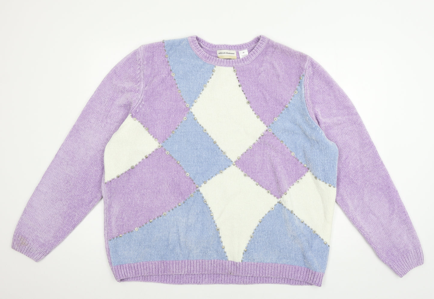 Alfred Dunner Womens Purple Check Knit Pullover Jumper Size 2XL