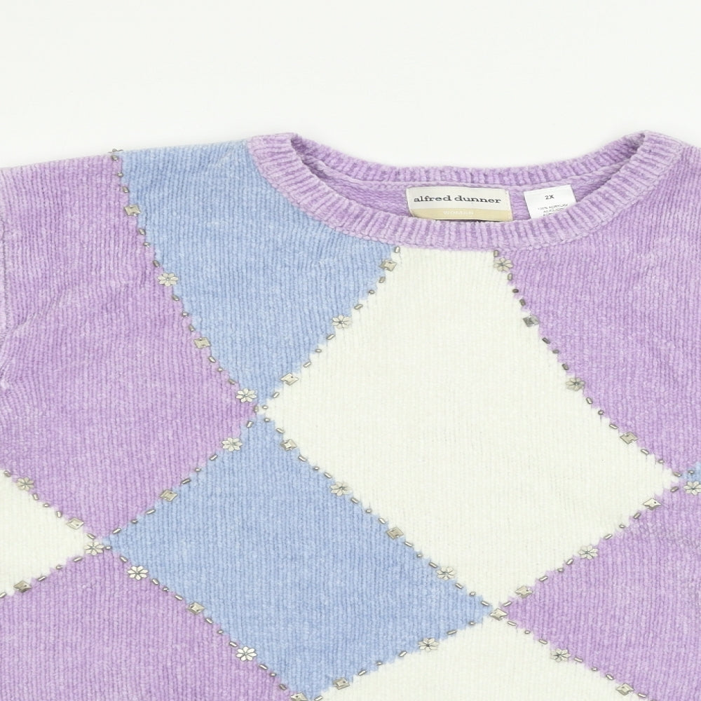 Alfred Dunner Womens Purple Check Knit Pullover Jumper Size 2XL