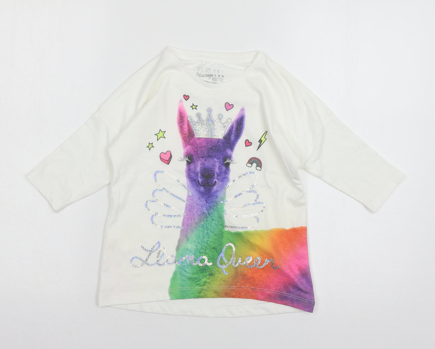 F&F Girls White  Jersey Basic T-Shirt Size 7-8 Years  - Llama Queen