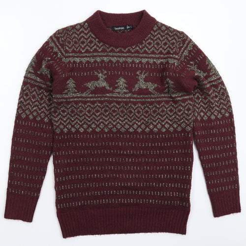 Boohoo Womens Brown Geometric Knit Pullover Jumper Size 10
