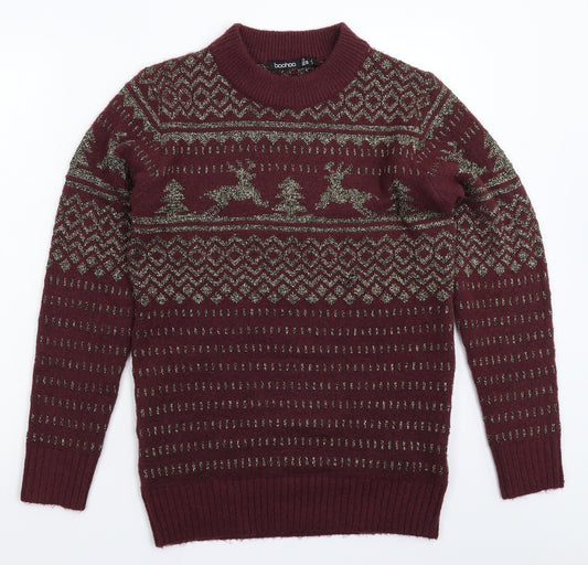 Front view of Boohoo women’s brown geometric knit jumper, size UK 10