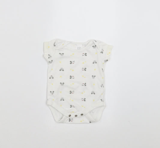 Front view of Zara Baby Baby White Babygrow One-Piece, size 0-3, Months - Mickey mouse
