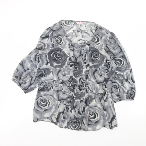 Per Unagrey Womens Grey Floral  Basic Blouse Size 16