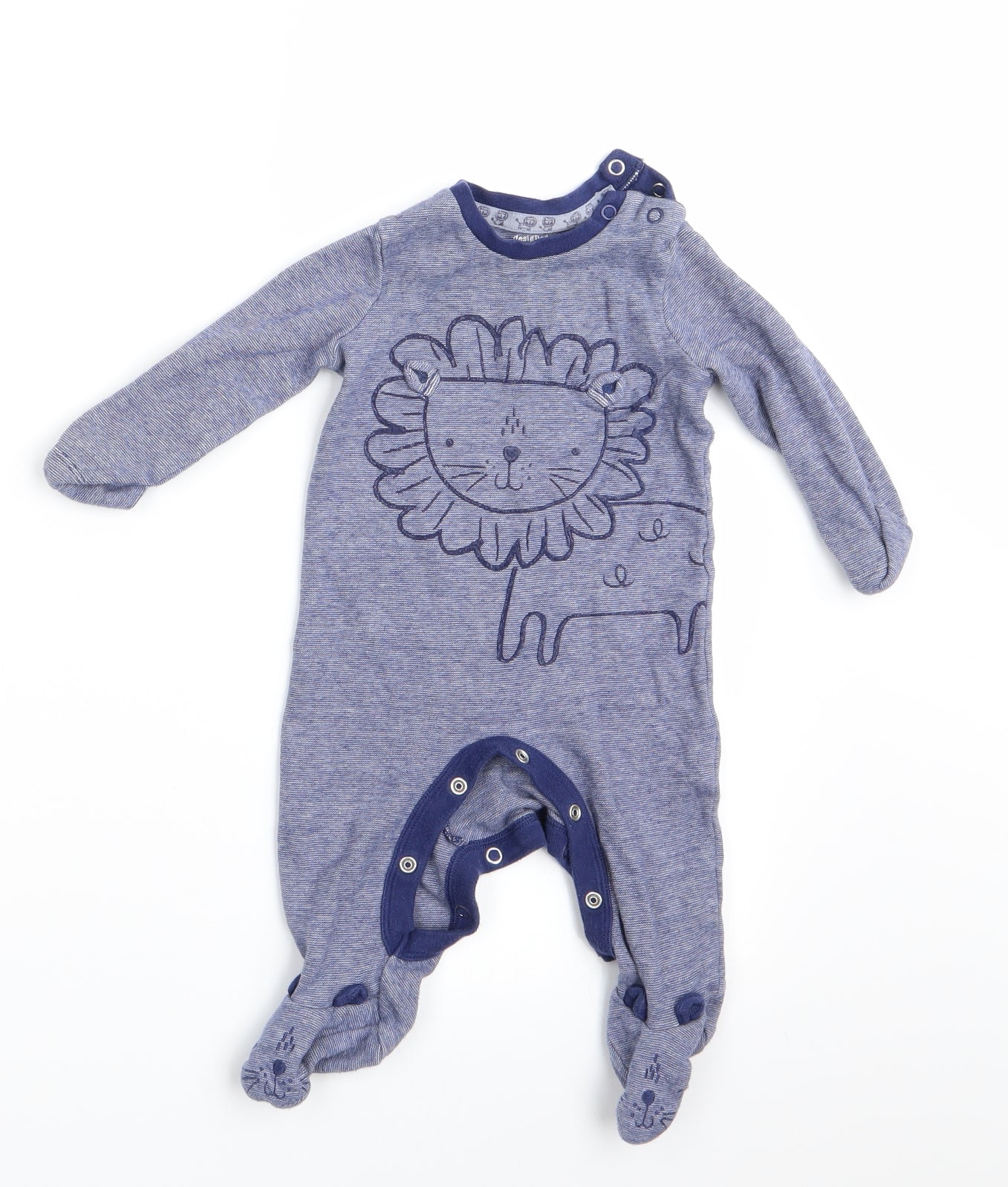 Florence and Fred Boys Blue Animal Print  Babygrow One-Piece Size 3-6 Months  - Lion's face
