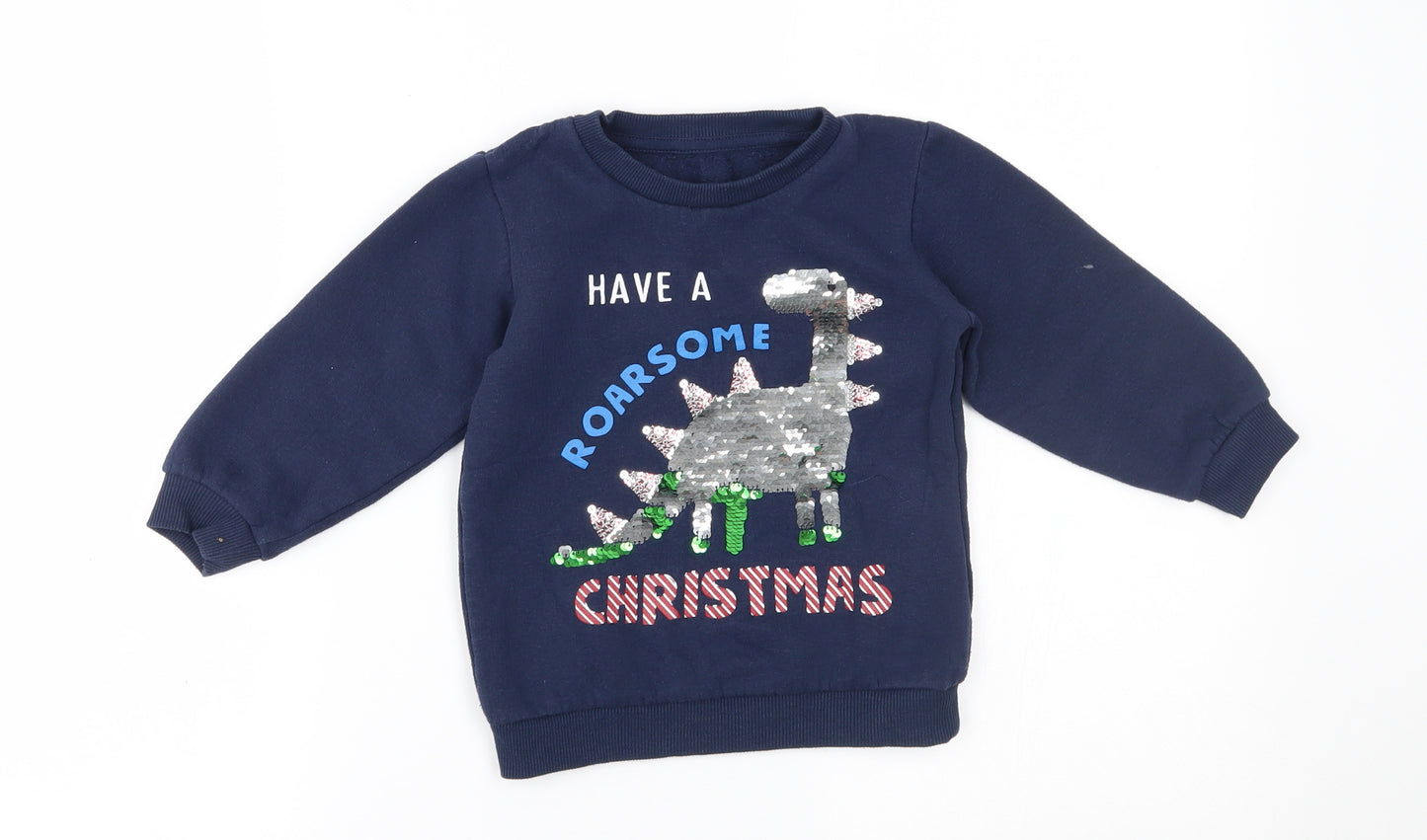 Matalan Boys Blue   Pullover Jumper Size 2-3 Years  - reversible sequins, have a roarsome christmas