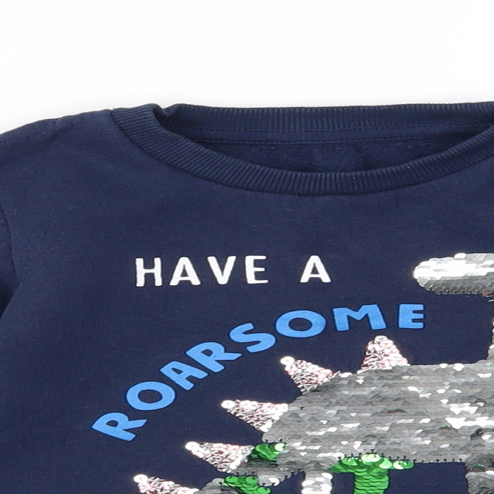 Matalan Boys Blue   Pullover Jumper Size 2-3 Years  - reversible sequins, have a roarsome christmas