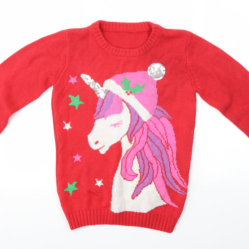 Preworn Girls Multicoloured   Pullover Jumper Size 12-13 Years  - Unicorn Festive