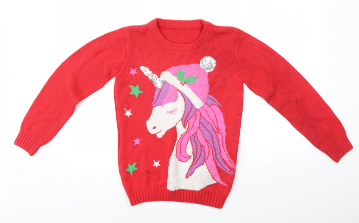 Preworn Girls Multicoloured   Pullover Jumper Size 12-13 Years  - Unicorn Festive