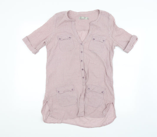 Front view of Preworn women’s purple check basic button-up, size L