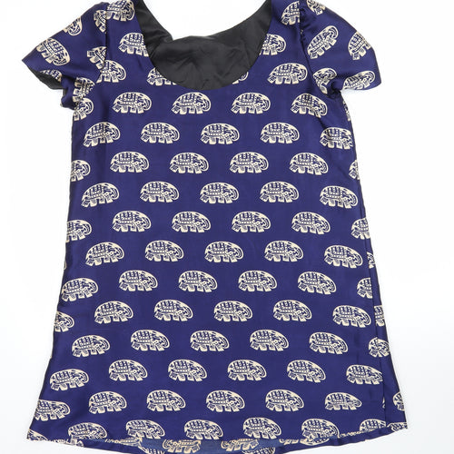 Preworn Womens Blue Animal Print  Basic Blouse Size L  - Elephant