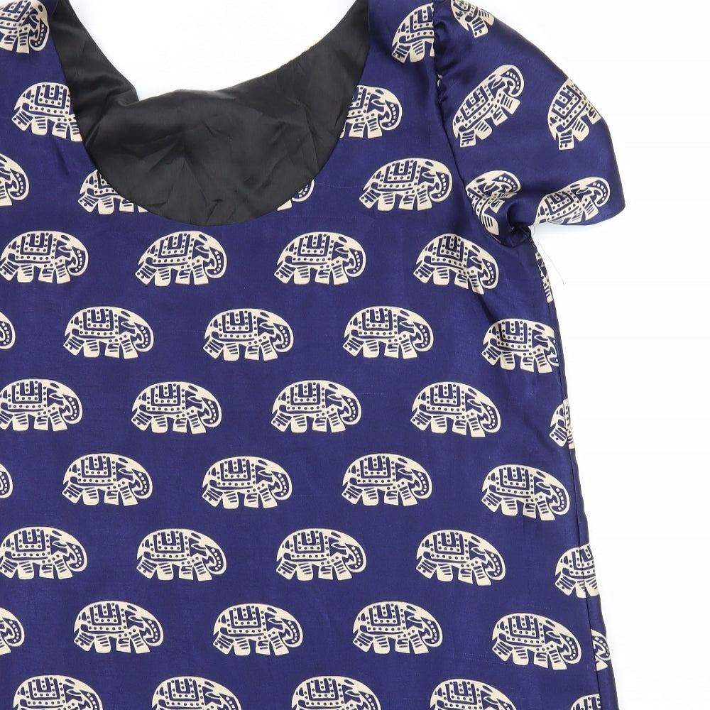 Preworn Womens Blue Animal Print  Basic Blouse Size L  - Elephant