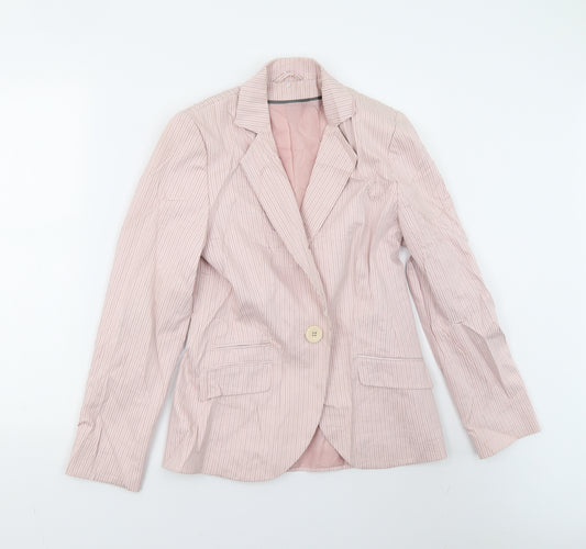 Front view of Bay women’s pink striped jacket suit jacket, size S