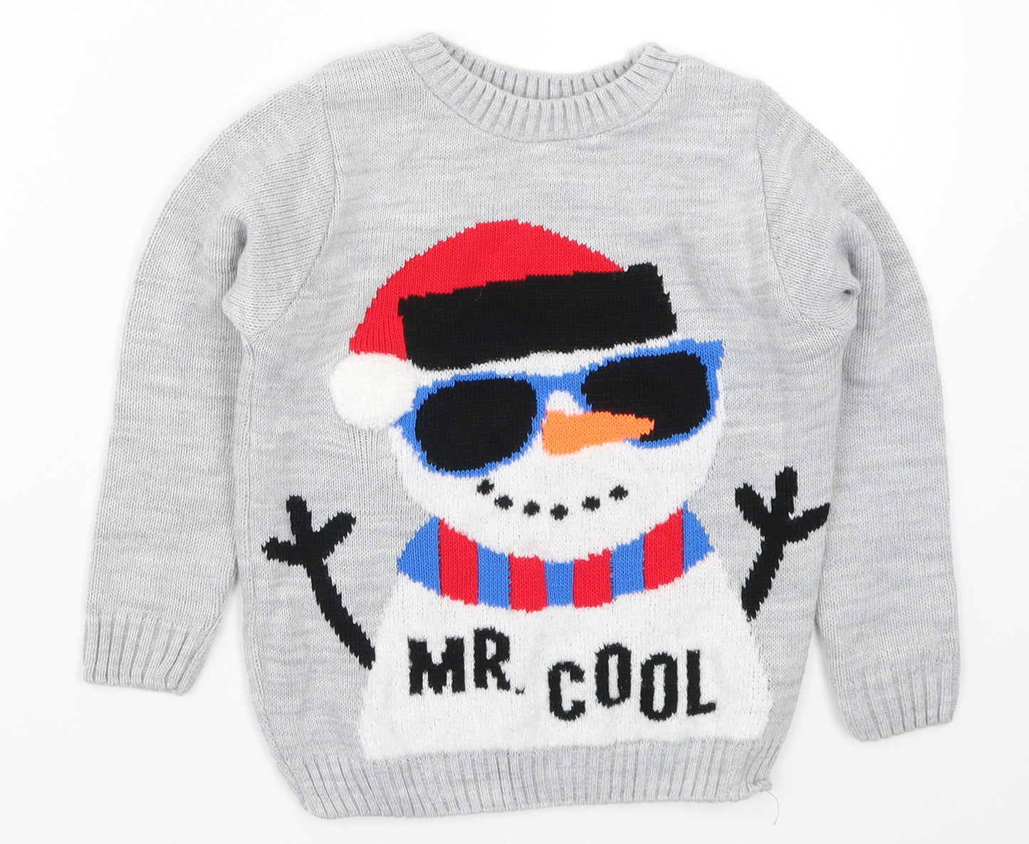 Preworn Boys Grey  Knit Pullover Jumper Size 5-6 Years  - Snowman Mr Cool