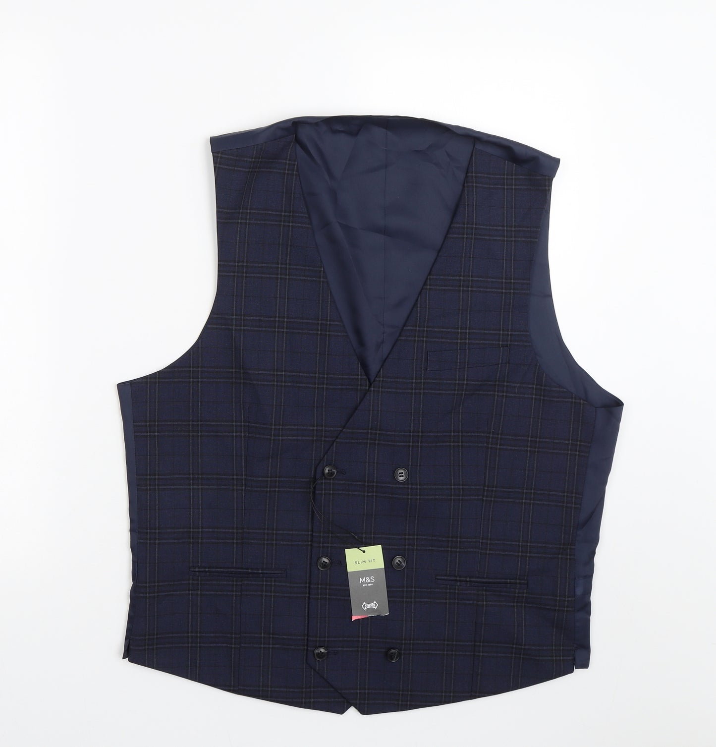 M&S Mens Blue Check  Jacket Suit Waistcoat Size L