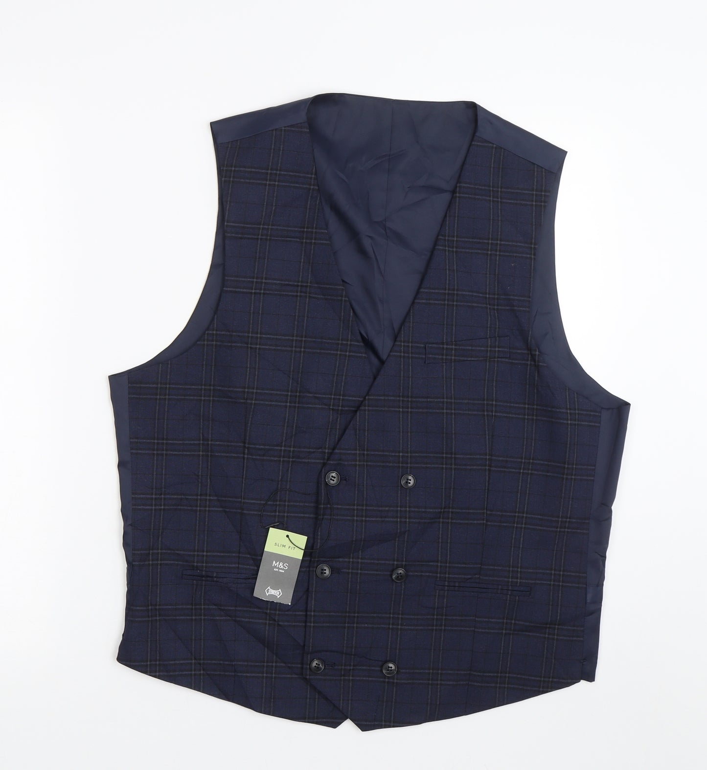 M&S Mens Blue Check  Jacket Suit Waistcoat Size L