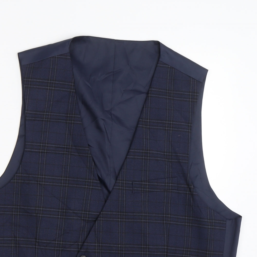 M&S Mens Blue Check  Jacket Suit Waistcoat Size L