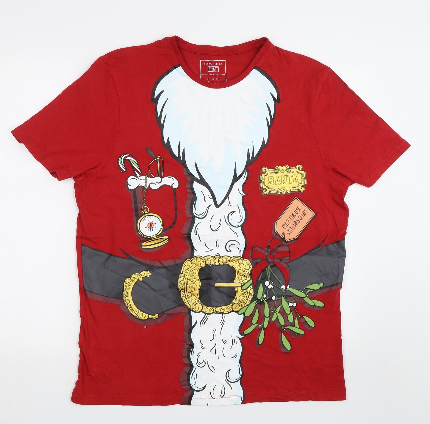 F&F Mens Red    T-Shirt Size L  - Santa