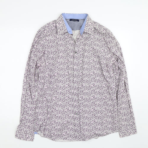 BHS Mens White Floral   Button-Up Size L